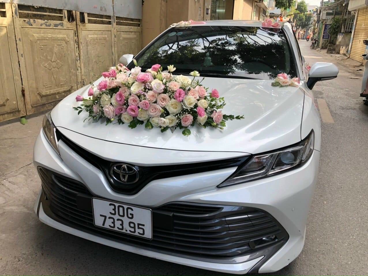 Trang trí xe cưới với hoa hồng màu trắng hồng